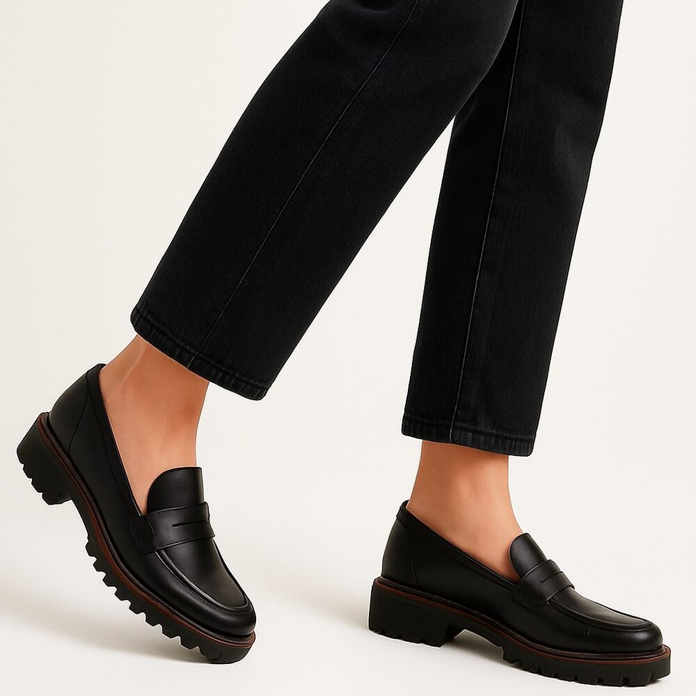 Madewell Corinne Black Smooth Leather Slip-On Lug Loafer Shoes Womens Size 6